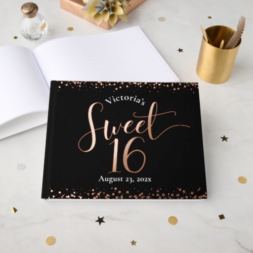 Black Sweet 16 Birthday Glam Real Rose Gold Foil Foil Guest Book