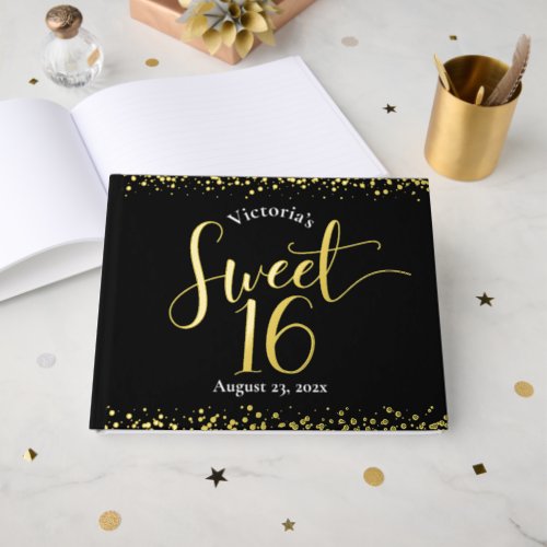 Black Sweet 16 Birthday Keepsake Real Gold Foil Foil Guest Book