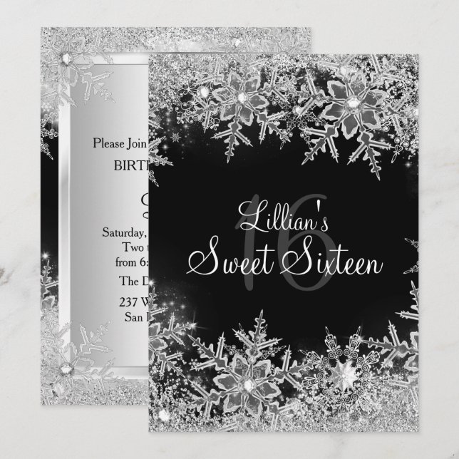 Black Sweet 16 Diamond Snowflake Winter Wonderland Invitation (Front/Back)