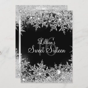 Black Sweet 16 Diamond Snowflake Winter Wonderland Invitation