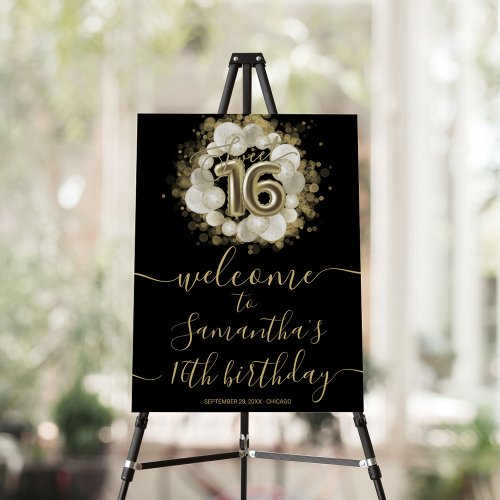 Black Sweet 16 Gold Balloons Welcome Sign