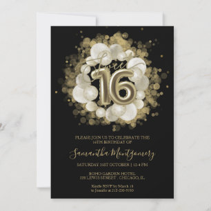 Black Sweet 16 Gold Watercolor Balloons Invitation