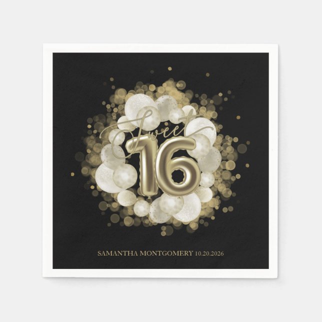 Black Sweet 16 Gold Watercolor Balloons Napkins (Front)