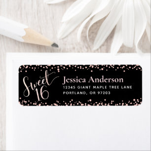 Black Sweet 16 Pink Rose Gold Birthday Address Label