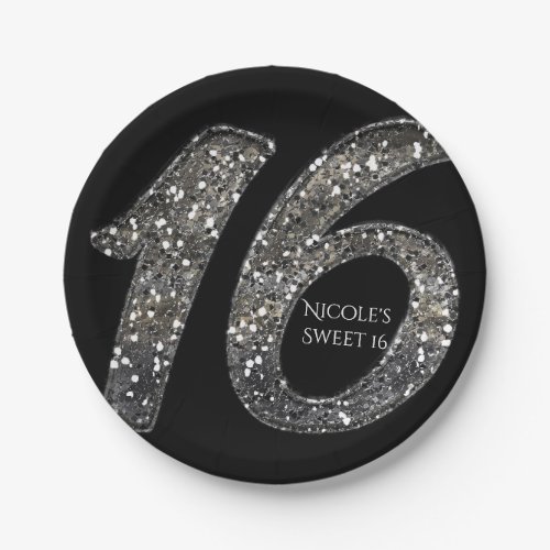 Black Sweet 16 Silver Glitter Glam Birthday Party Paper Plates