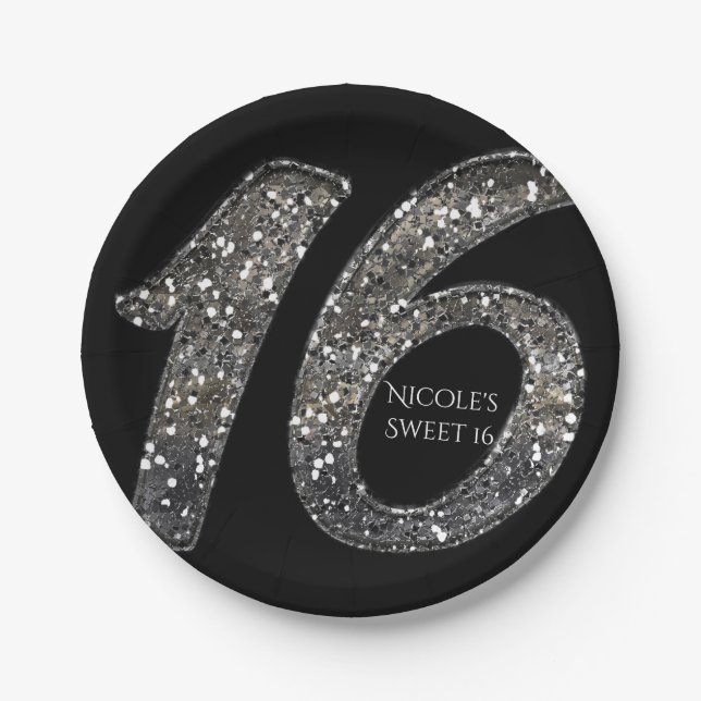 Black Sweet 16 Silver Glitter Glam Birthday Party Paper Plates (Front)