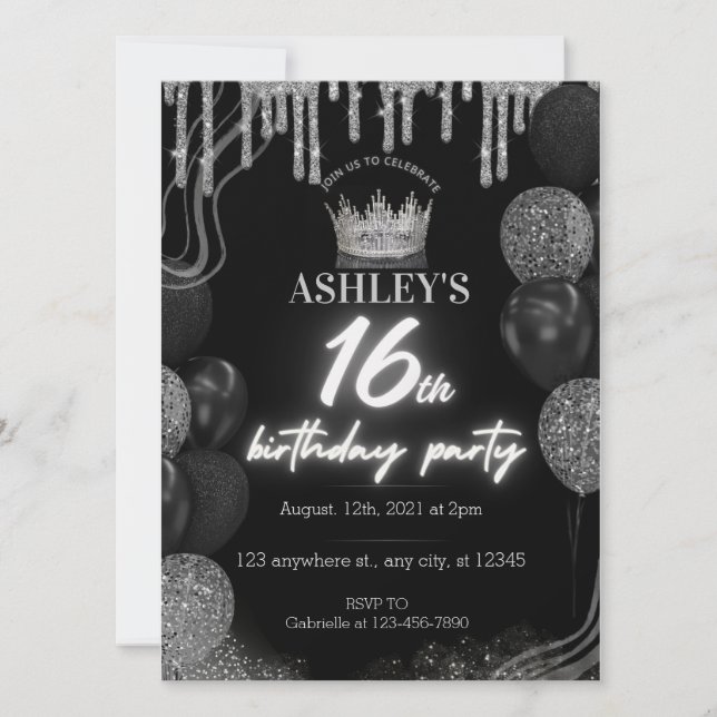 Black Sweet 16th Glitter Glowing Neon Birthday Invitation (Front)