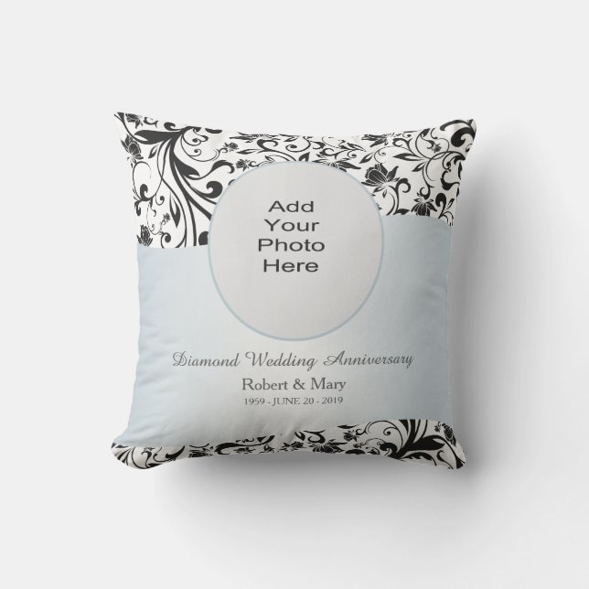 Black Swirl 60th Wedding Anniversary Photo Throw Pillow (Front)