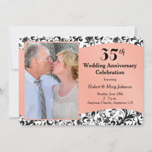 Black Swirl & Coral 35th Wedding Anniversary Invitation