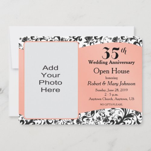 Black Swirl  Coral 35th Wedding Anniversary Invitation