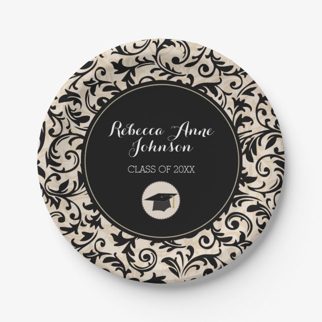 Black Swirl Damask on Tan, Personalized Graduation Paper Plates (Front)