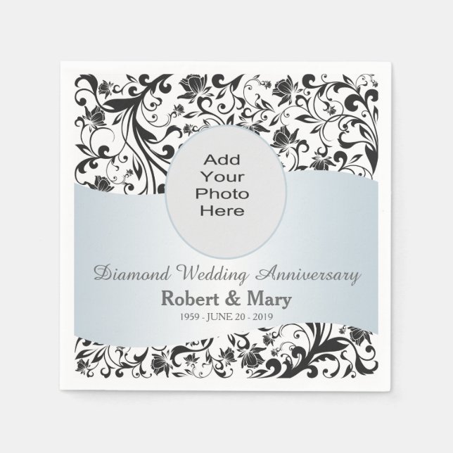 Black Swirl Diamond 60th Wedding Anniversary Photo Napkins (Front)