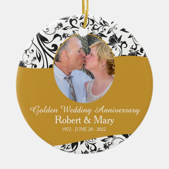 Black Swirl & Gold 50th Wedding Anniversary Photo Ceramic Ornament (Front)