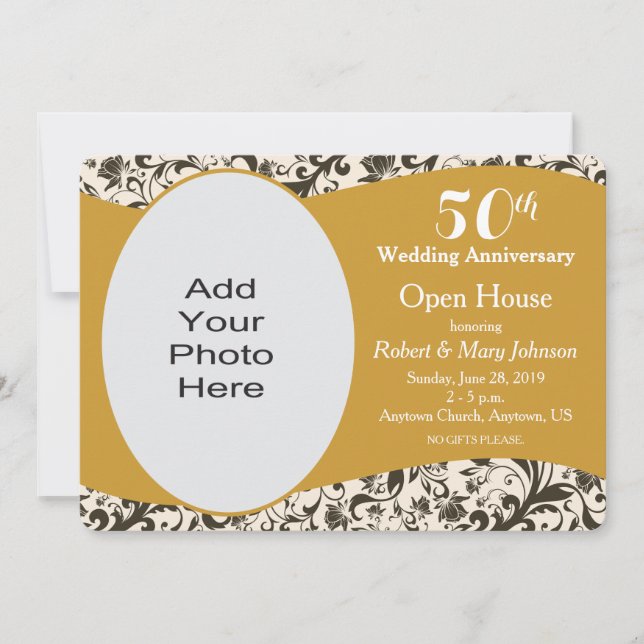 Black Swirl & Gold 50th Wedding Anniversary Photo Invitation (Front)