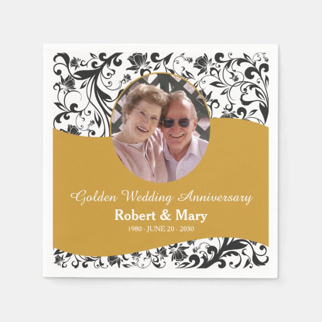Black Swirl & Gold 50th Wedding Anniversary Photo Paper Napkins (Front)