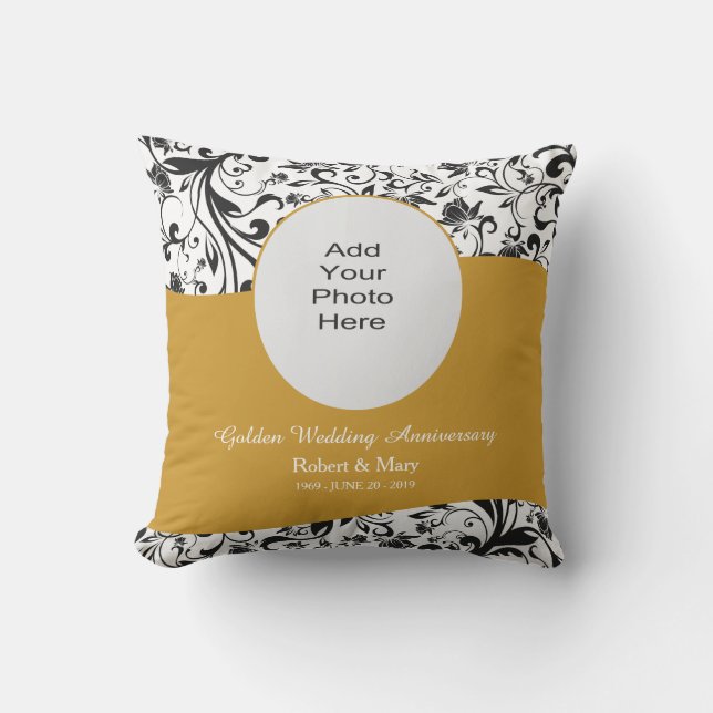 Black Swirl & Gold 50th Wedding Anniversary Photo Throw Pillow (Front)