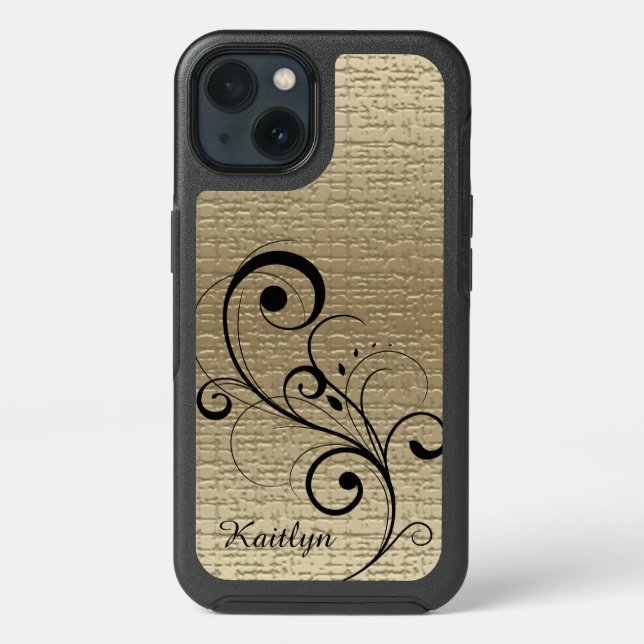 Black Swirl Gold Texture Personalized Otterbox iPhone Case (Back)