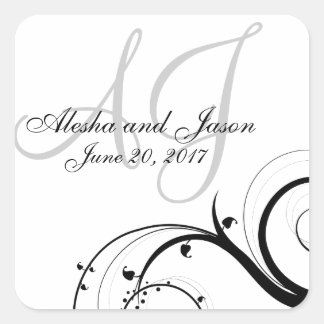 Black Swirl Gray Initials Wedding Favor Label