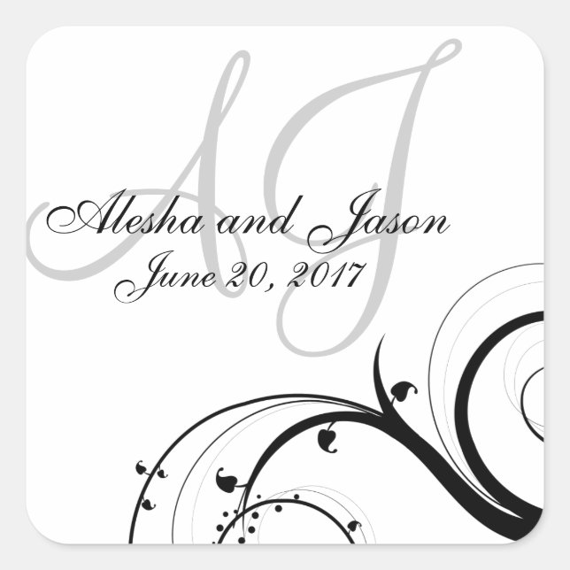 Black Swirl Gray Initials Wedding Favor Label (Front)