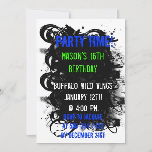 Black Swirl Grunge, Party Time!, Mason's 16th B... Invitations