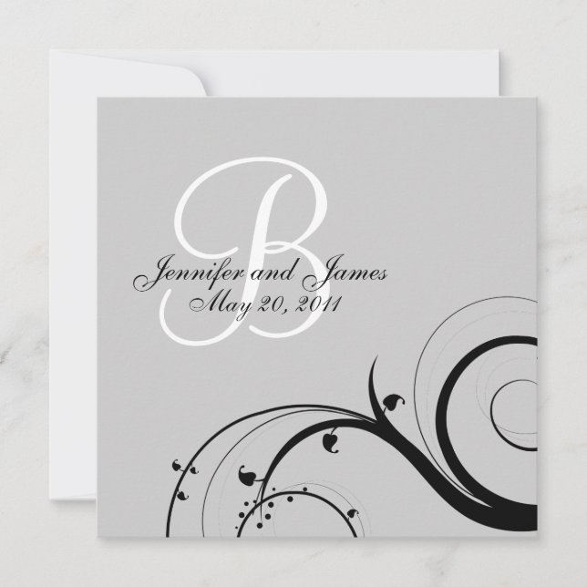 Black Swirl Monogram B Grey Wedding Invitations (Front)