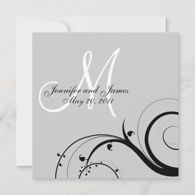 Black Swirl Monogram Gray Wedding Invitation (Front)