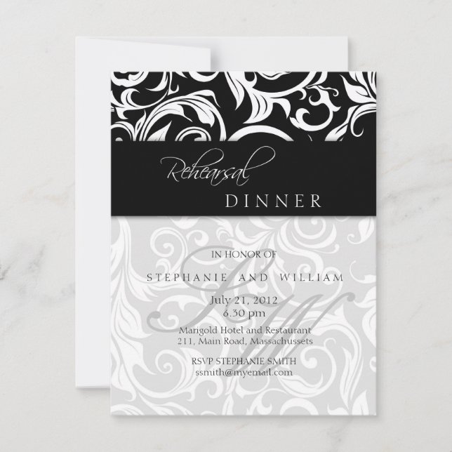 Black Swirl Monogram Rehearsal Dinner Card (Front)