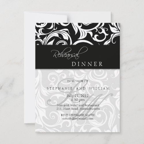 Black Swirl Monogram Rehearsal Dinner Card Invite