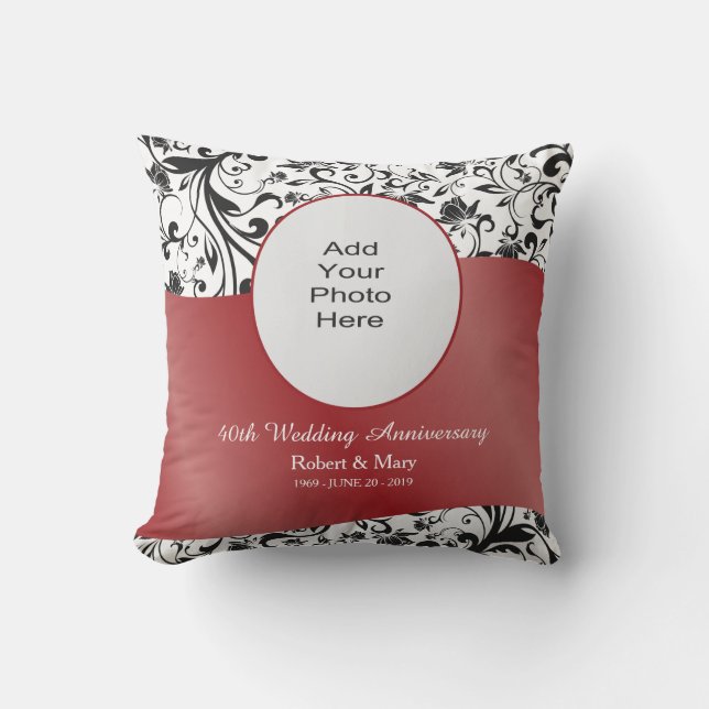 Black Swirl & Red 40th Wedding Anniversary Photo Throw Pillow (Front)