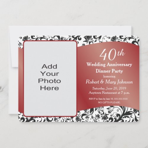 Black Swirl  Ruby 40th Wedding Anniversary Photo Invitation