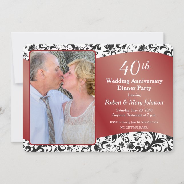 Black Swirl & Ruby 40th Wedding Anniversary Photo Invitation (Front)