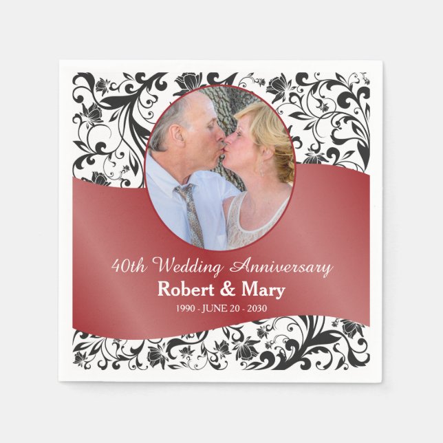 Black Swirl & Ruby 40th Wedding Anniversary Photo Paper Napkins (Front)