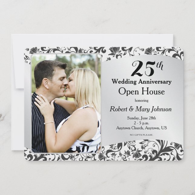 Black Swirl & Silver 25th Wedding Anniversary Invitation (Front)