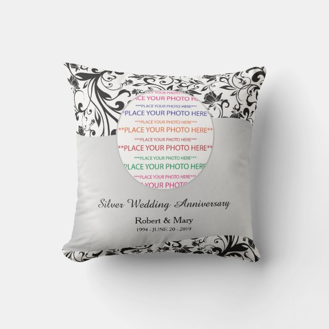 Black Swirl & Silver 25th Wedding Anniversary Throw Pillow (Front)
