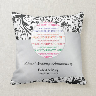 Black Swirl & Silver 25th Wedding Anniversary Throw Pillow