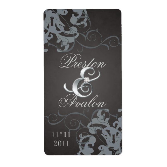 Black Swirl Silver Jeweled Wedding Wine Label (Front)