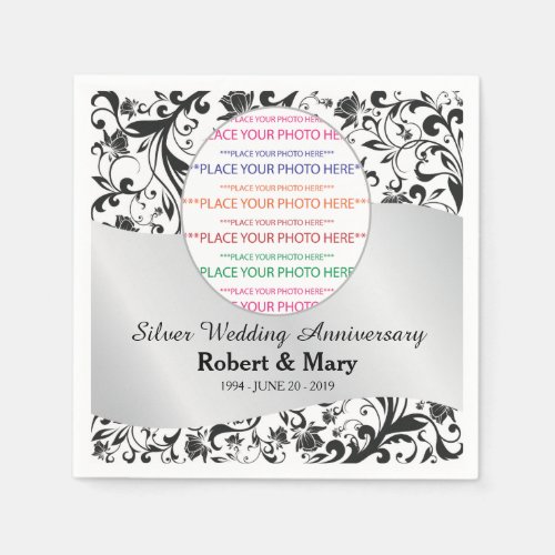 Black Swirl  Silver Wedding Anniversary Photo Napkins