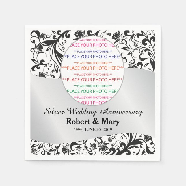 Black Swirl & Silver Wedding Anniversary Photo Napkins (Front)