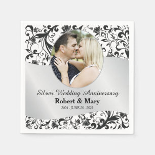 Black Swirl & Silver Wedding Anniversary Photo Napkins