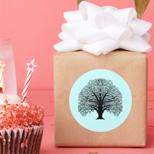 Black Swirl Tree Classic Round Sticker (Party)