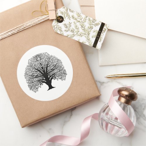 Black Swirl Tree Classic Round Sticker