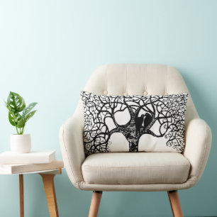Black Swirl Tree Love Bird Choose Background Color Lumbar Pillow