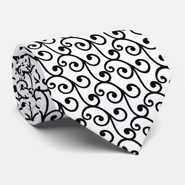 Black Swirl Vector Pattern on White Neck Tie (Rolled)