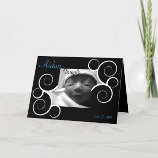 Black Swirl with Blue Text Birth Announcement