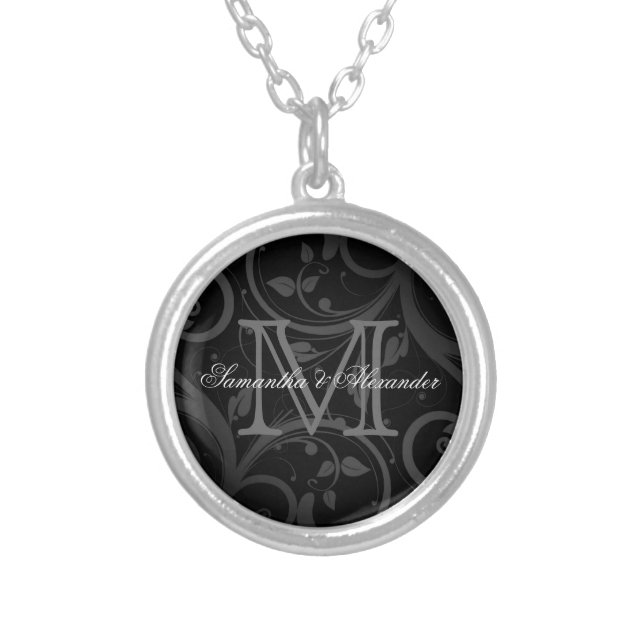 Black Swirl with Monogram and Custom Text Silver Plated Necklace (Front)