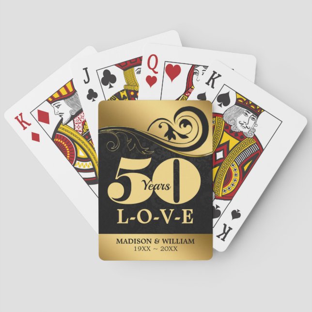 Black Swirls and Damask Wedding Anniversary Poker Cards (Back)