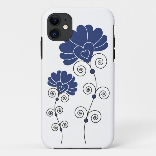 Black Swirls Blue Flowers Pattern _ White iPhone 11 Case