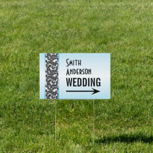 Black Swirls Blue Wedding Direction Sign