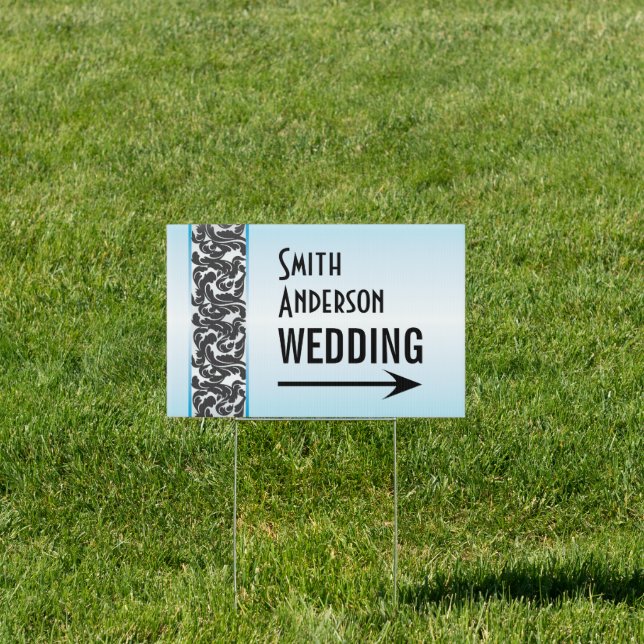 Black Swirls Blue Wedding Direction Sign (Insitu)