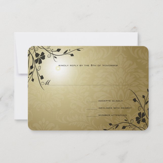 Black Swirls Gold Metallic Damask Wedding RSVP Card (Front)